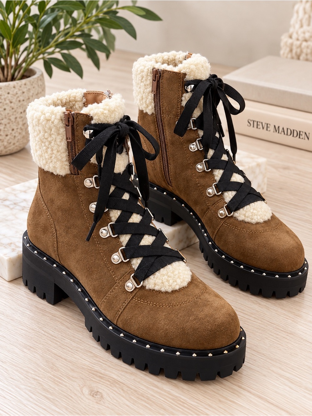 Steve Madden Receptive Brown Suede Sherpa Hiker Combat Boots 8.5 NWOT